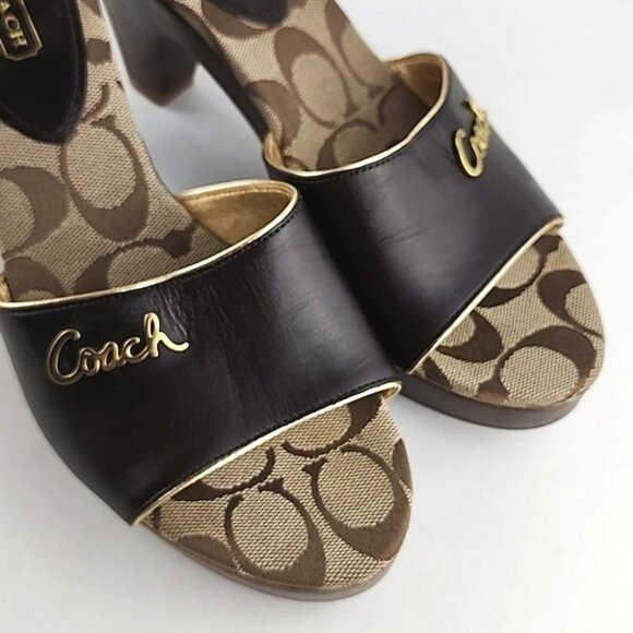 Coach Kathie Slides Dark Brown Leather Signature Log Mid Heel Size 8.5B - Picture 14 of 16